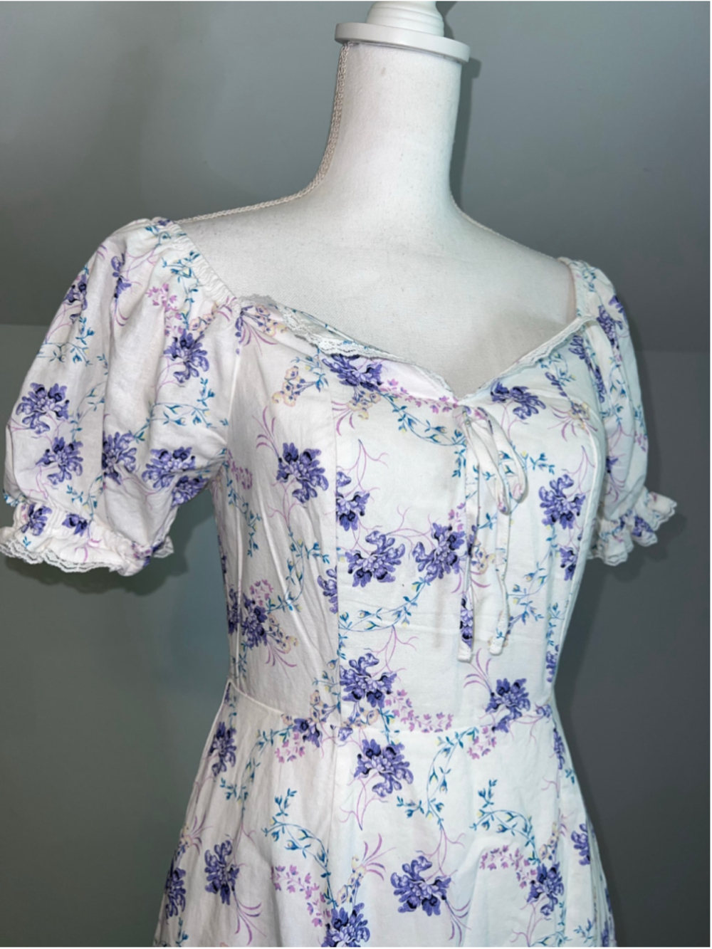 Milkmaid Cotton Linen Floral Dress White Purple